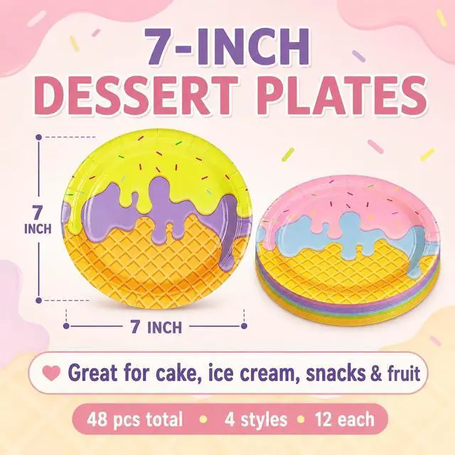 Alt view image 2 of 7 - 48PCS Ice Cream 7inch Paper Plates - Colorful Ice Cream Dessert Plates for Cake Salad Fruit Disposable Party Supplies for Birthday Baby Shower Summer Decoration, 4 Styles