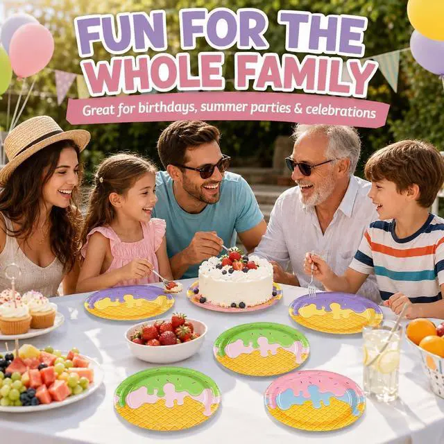 Alt view image 3 of 7 - 48PCS Ice Cream 7inch Paper Plates - Colorful Ice Cream Dessert Plates for Cake Salad Fruit Disposable Party Supplies for Birthday Baby Shower Summer Decoration, 4 Styles
