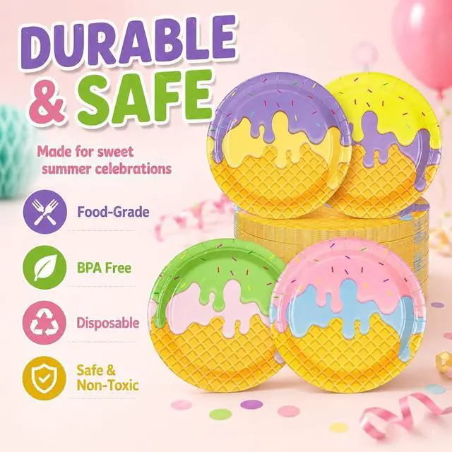Alt view image 5 of 7 - 48PCS Ice Cream 7inch Paper Plates - Colorful Ice Cream Dessert Plates for Cake Salad Fruit Disposable Party Supplies for Birthday Baby Shower Summer Decoration, 4 Styles