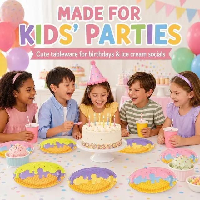 Alt view image 7 of 7 - 48PCS Ice Cream 7inch Paper Plates - Colorful Ice Cream Dessert Plates for Cake Salad Fruit Disposable Party Supplies for Birthday Baby Shower Summer Decoration, 4 Styles