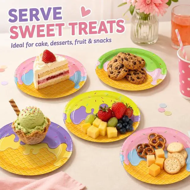 Alt view image 4 of 7 - 48PCS Ice Cream 7inch Paper Plates - Colorful Ice Cream Dessert Plates for Cake Salad Fruit Disposable Party Supplies for Birthday Baby Shower Summer Decoration, 4 Styles
