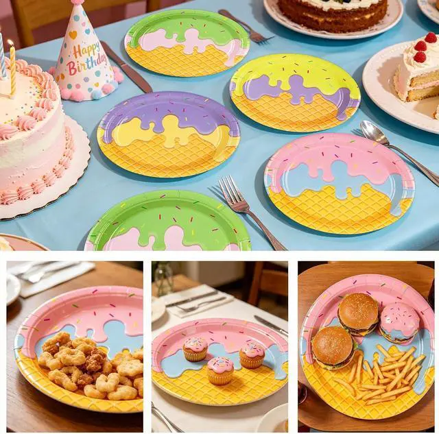 Alt view image 6 of 7 - 48PCS Ice Cream 7inch Paper Plates - Colorful Ice Cream Dessert Plates for Cake Salad Fruit Disposable Party Supplies for Birthday Baby Shower Summer Decoration, 4 Styles