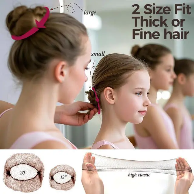 Alt view image 3 of 7 - 130pcs Hair Nets for Buns Set, 30pcs Dance HairNets(20'' & 12'') | for Ballet Girls/Women, Invisible, 100pcs Secure & Natural Bun Bobby Pins(2"), Brown Hair Bun Accessories