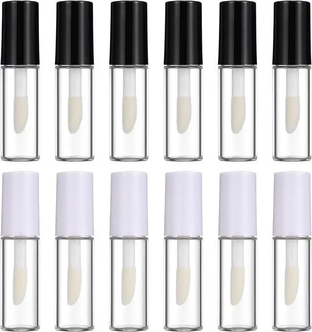 Main image of 12 Pcs Empty Lip Gloss Tubes 1.2ml Clear Mini Refillable Lip Balm Bottles with Rubber Inserts and Brush Mini Makeup Containers for Samples Lips Balms DIY Makeup Travel Split (Black and White)