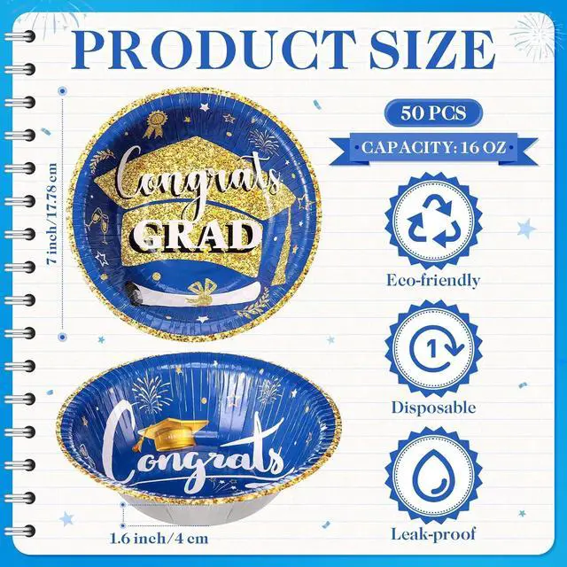 Alt view image 3 of 6 - Ziliny 50 Pcs 16 oz Graduation Party Supplies Congrats Grad Disposable Paper Bowls Bulk Class of 2026 Soup Serving Bowl for Cold and Hot Food Salad Cereal Snack Dinner Decoration, 2 Styles (Blue)