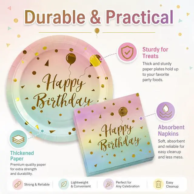 Alt view image 4 of 7 - 50PCS Happy Birthday Paper Plates and Napkins, 7inch Colorful and Gold Polka Dot Birthday Cake Dessert Plates Disposable Tableware Set for Birthday Party Supplies Decorations (Birthday Colorful)