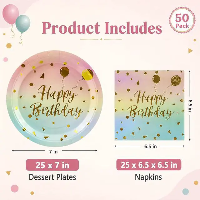 Alt view image 2 of 7 - 50PCS Happy Birthday Paper Plates and Napkins, 7inch Colorful and Gold Polka Dot Birthday Cake Dessert Plates Disposable Tableware Set for Birthday Party Supplies Decorations (Birthday Colorful)