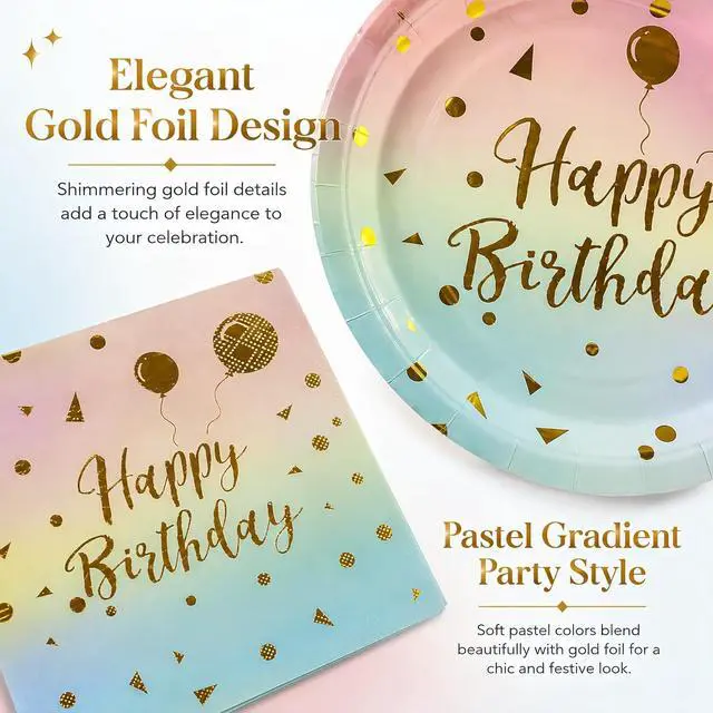 Alt view image 3 of 7 - 50PCS Happy Birthday Paper Plates and Napkins, 7inch Colorful and Gold Polka Dot Birthday Cake Dessert Plates Disposable Tableware Set for Birthday Party Supplies Decorations (Birthday Colorful)