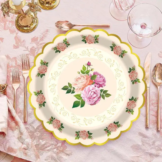 Alt view image 4 of 7 - 48PCS Vintage Floral Paper Plates - 7Inch Scalloped Flower Dessert Plates for Cake Salad Fruit Disposable Plates for Tea Party, Birthday, Bridal & Baby Shower, Wedding Decorations