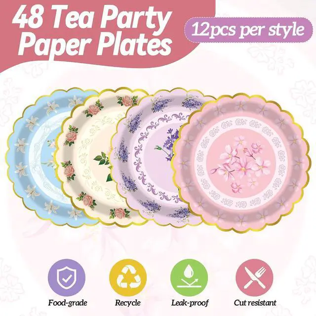 Alt view image 3 of 7 - 48PCS Vintage Floral Paper Plates - 7Inch Scalloped Flower Dessert Plates for Cake Salad Fruit Disposable Plates for Tea Party, Birthday, Bridal & Baby Shower, Wedding Decorations