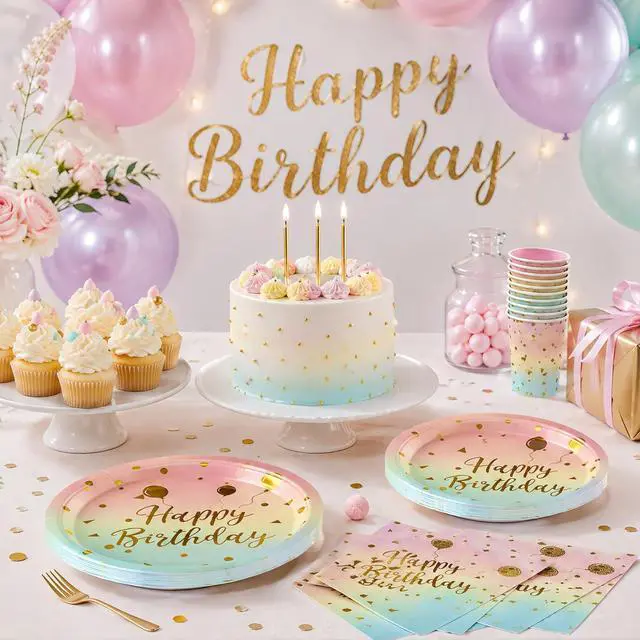 Alt view image 6 of 7 - 50PCS Happy Birthday Paper Plates and Napkins, 7inch Colorful and Gold Polka Dot Birthday Cake Dessert Plates Disposable Tableware Set for Birthday Party Supplies Decorations (Birthday Colorful)