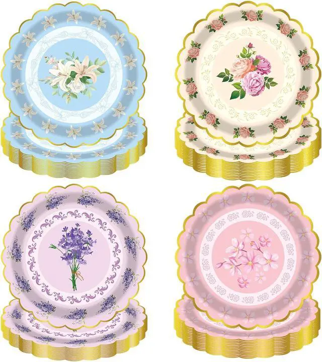 Main image of 48PCS Vintage Floral Paper Plates - 7Inch Scalloped Flower Dessert Plates for Cake Salad Fruit Disposable Plates for Tea Party, Birthday, Bridal & Baby Shower, Wedding Decorations