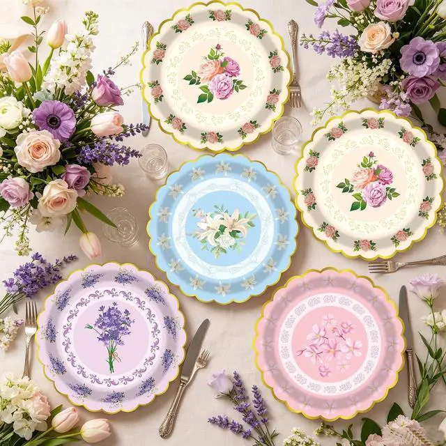Alt view image 6 of 7 - 48PCS Vintage Floral Paper Plates - 7Inch Scalloped Flower Dessert Plates for Cake Salad Fruit Disposable Plates for Tea Party, Birthday, Bridal & Baby Shower, Wedding Decorations