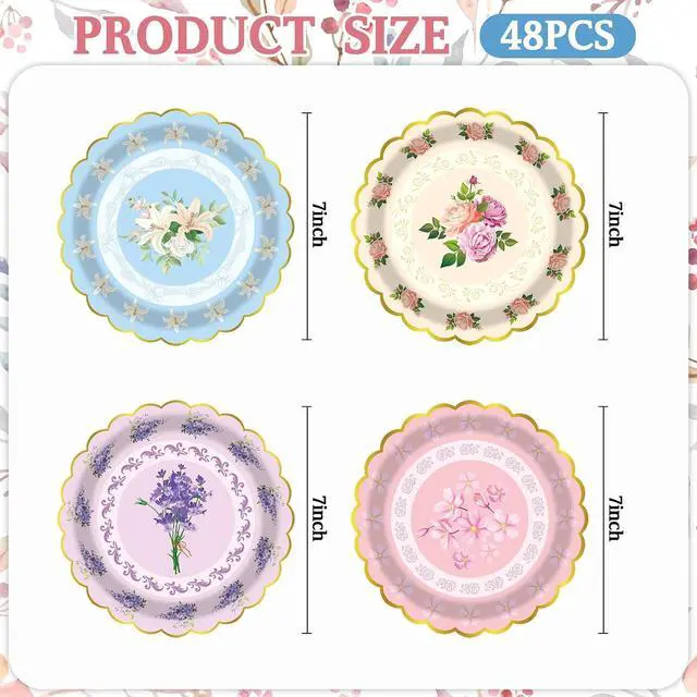 Alt view image 2 of 7 - 48PCS Vintage Floral Paper Plates - 7Inch Scalloped Flower Dessert Plates for Cake Salad Fruit Disposable Plates for Tea Party, Birthday, Bridal & Baby Shower, Wedding Decorations