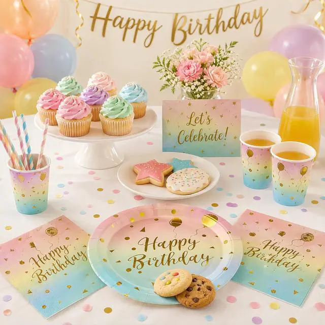 Alt view image 7 of 7 - 50PCS Happy Birthday Paper Plates and Napkins, 7inch Colorful and Gold Polka Dot Birthday Cake Dessert Plates Disposable Tableware Set for Birthday Party Supplies Decorations (Birthday Colorful)