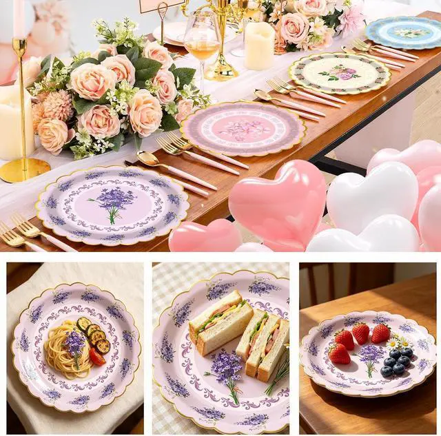 Alt view image 5 of 7 - 48PCS Vintage Floral Paper Plates - 7Inch Scalloped Flower Dessert Plates for Cake Salad Fruit Disposable Plates for Tea Party, Birthday, Bridal & Baby Shower, Wedding Decorations