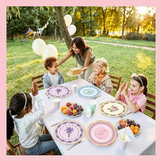Alt view image 7 of 7 - 48PCS Vintage Floral Paper Plates - 7Inch Scalloped Flower Dessert Plates for Cake Salad Fruit Disposable Plates for Tea Party, Birthday, Bridal & Baby Shower, Wedding Decorations