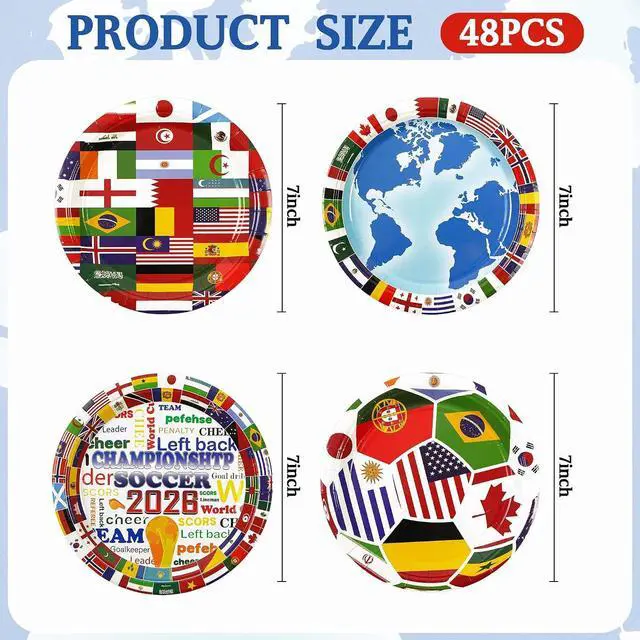 Alt view image 2 of 7 - 48Pcs World Cup 2026 Paper Plates - 7Inch International Flags Dessert Plates for Cake Salad Dessert Disposable Tableware Set for Birthday Soccer Themed Game Day Watch Party Supplies