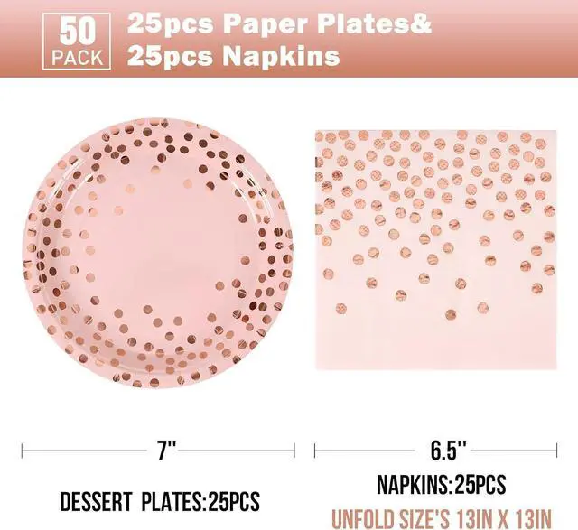 Alt view image 2 of 7 - Pink and Rose Gold Paper Plates-50 Pack- 25 * 7inch Paper Plates & 25 * 6.5inch Napkins,Pink Plates and Napkins Party Supplies for Birthdays,Baby Showers and All Occasions