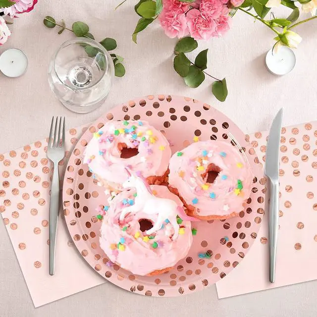 Alt view image 3 of 7 - Pink and Rose Gold Paper Plates-50 Pack- 25 * 7inch Paper Plates & 25 * 6.5inch Napkins,Pink Plates and Napkins Party Supplies for Birthdays,Baby Showers and All Occasions