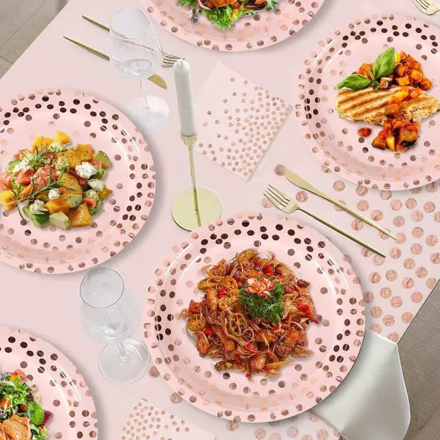 Alt view image 7 of 7 - Pink and Rose Gold Paper Plates-50 Pack- 25 * 7inch Paper Plates & 25 * 6.5inch Napkins,Pink Plates and Napkins Party Supplies for Birthdays,Baby Showers and All Occasions