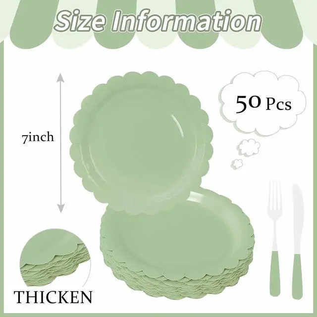 Alt view image 2 of 7 - 50 Pcs Sage Green Scalloped Paper Plates 7 Inch Disposable Sage Scalloped Dinner Plates for Wedding Baby Shower Birthday Party Supplies Disposable Dessert Plate