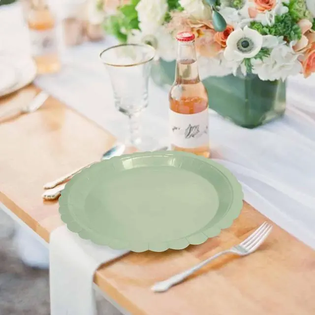 Alt view image 5 of 7 - 50 Pcs Sage Green Scalloped Paper Plates 7 Inch Disposable Sage Scalloped Dinner Plates for Wedding Baby Shower Birthday Party Supplies Disposable Dessert Plate