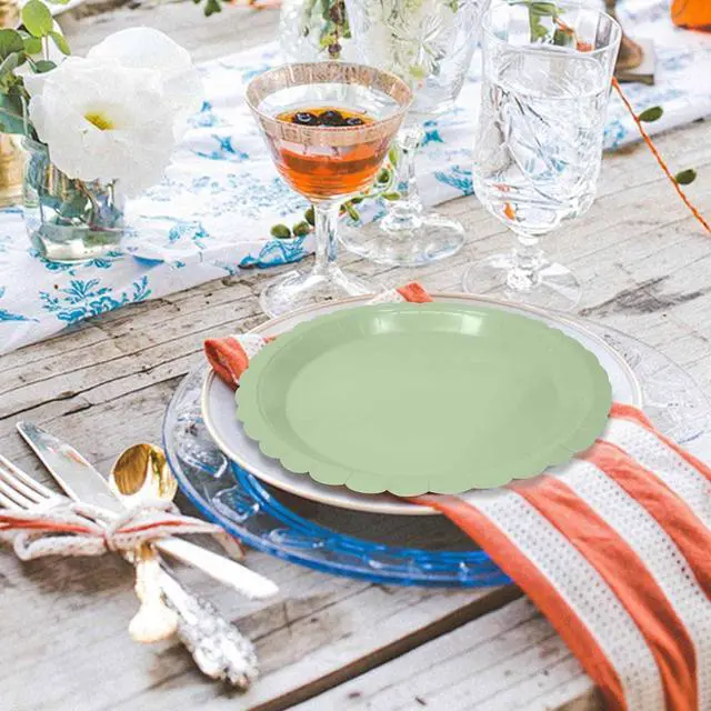 Alt view image 6 of 7 - 50 Pcs Sage Green Scalloped Paper Plates 7 Inch Disposable Sage Scalloped Dinner Plates for Wedding Baby Shower Birthday Party Supplies Disposable Dessert Plate