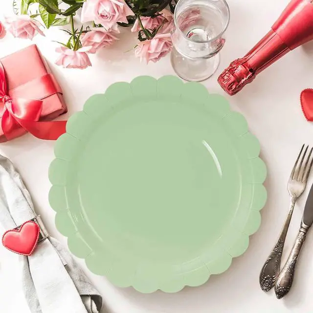 Alt view image 3 of 7 - 50 Pcs Sage Green Scalloped Paper Plates 7 Inch Disposable Sage Scalloped Dinner Plates for Wedding Baby Shower Birthday Party Supplies Disposable Dessert Plate
