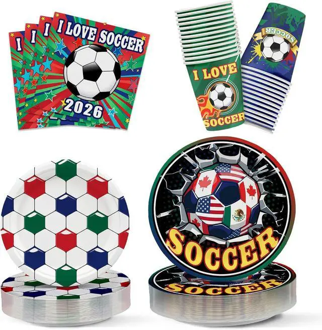 Main image of Hiboss 2026 World Soccer Cup Party Tableware Set 104PCS, Soccer Sports Events Decorations Supplies, International Festivals Disposable Paper Plates Napkins Cups Serves 26