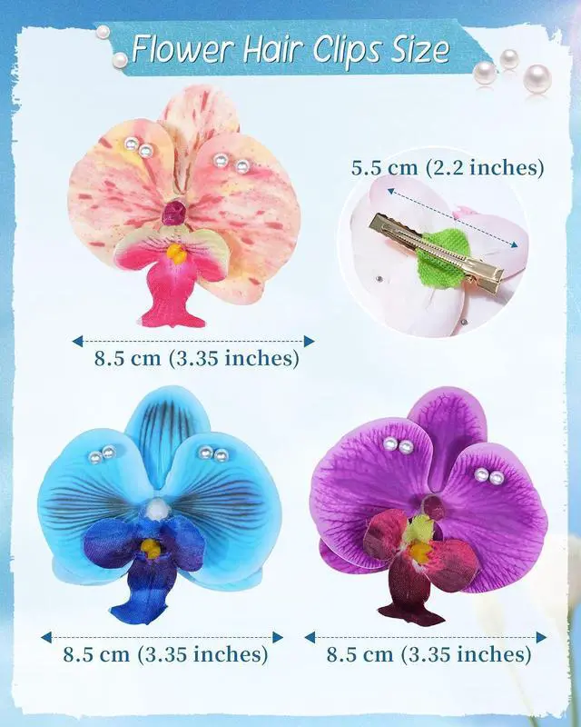 Alt view image 2 of 7 - Mesovor 3 Pack Hawaiian Flower Hair Clips for Women, Orchid Hair with Pearl | Artificial Tropical Flower Hair Pins Suitable Flower Clips for Hair Wedding Bridal Beach Party