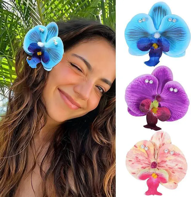 Main image of Mesovor 3 Pack Hawaiian Flower Hair Clips for Women, Orchid Hair with Pearl | Artificial Tropical Flower Hair Pins Suitable Flower Clips for Hair Wedding Bridal Beach Party