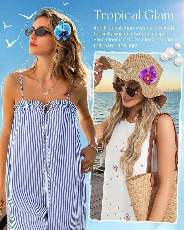 Alt view image 3 of 7 - Mesovor 3 Pack Hawaiian Flower Hair Clips for Women, Orchid Hair with Pearl | Artificial Tropical Flower Hair Pins Suitable Flower Clips for Hair Wedding Bridal Beach Party