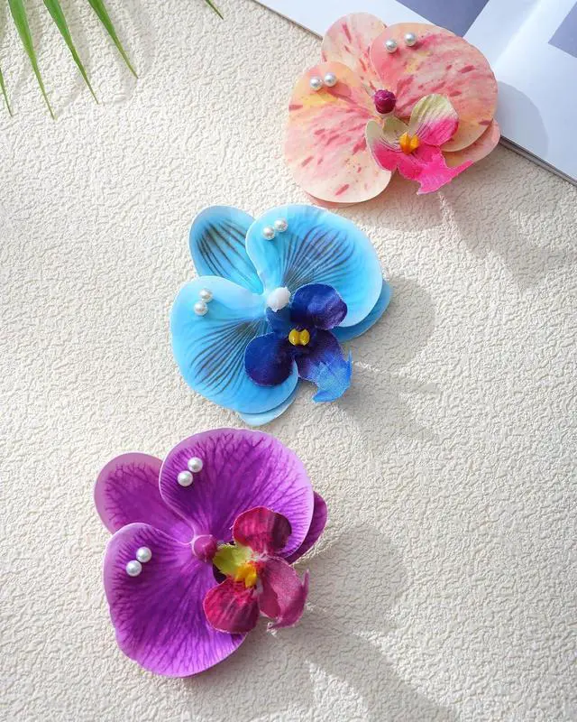 Alt view image 7 of 7 - Mesovor 3 Pack Hawaiian Flower Hair Clips for Women, Orchid Hair with Pearl | Artificial Tropical Flower Hair Pins Suitable Flower Clips for Hair Wedding Bridal Beach Party