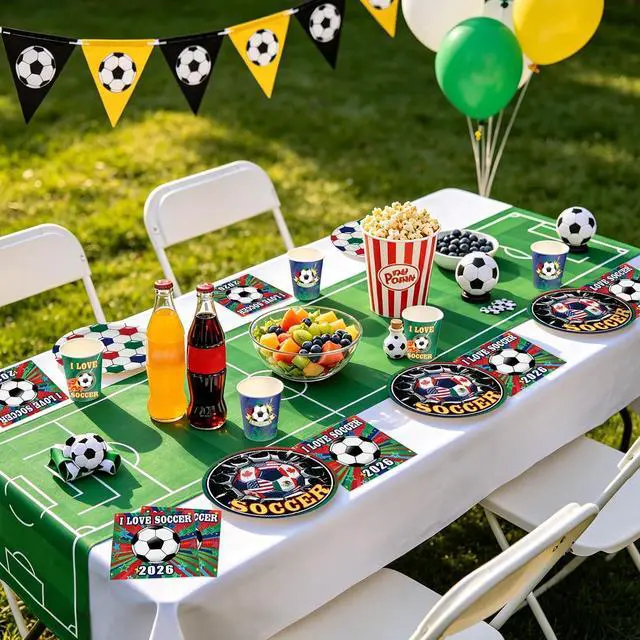Alt view image 3 of 7 - Hiboss 2026 World Soccer Cup Party Tableware Set 104PCS, Soccer Sports Events Decorations Supplies, International Festivals Disposable Paper Plates Napkins Cups Serves 26