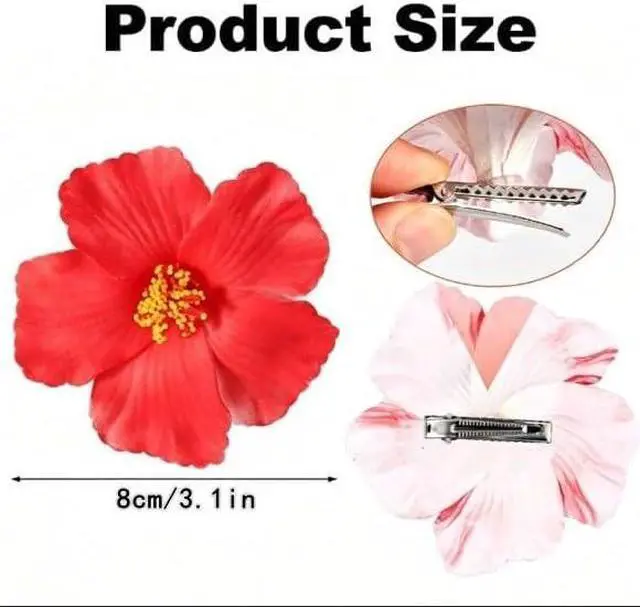 Alt view image 2 of 7 - Red 8 cm Hawaiian Flower Hair Clip for Women Girls Fashion Bohemian Flowers Hair Accessory for Dancer Bridal Wedding Beach Party, Decorations (2Pcs)