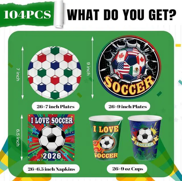 Alt view image 4 of 7 - Hiboss 2026 World Soccer Cup Party Tableware Set 104PCS, Soccer Sports Events Decorations Supplies, International Festivals Disposable Paper Plates Napkins Cups Serves 26