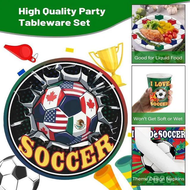 Alt view image 5 of 7 - Hiboss 2026 World Soccer Cup Party Tableware Set 104PCS, Soccer Sports Events Decorations Supplies, International Festivals Disposable Paper Plates Napkins Cups Serves 26