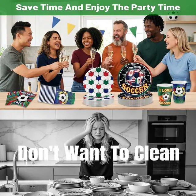 Alt view image 6 of 7 - Hiboss 2026 World Soccer Cup Party Tableware Set 104PCS, Soccer Sports Events Decorations Supplies, International Festivals Disposable Paper Plates Napkins Cups Serves 26