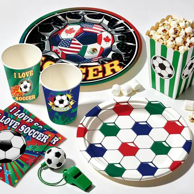 Alt view image 7 of 7 - Hiboss 2026 World Soccer Cup Party Tableware Set 104PCS, Soccer Sports Events Decorations Supplies, International Festivals Disposable Paper Plates Napkins Cups Serves 26