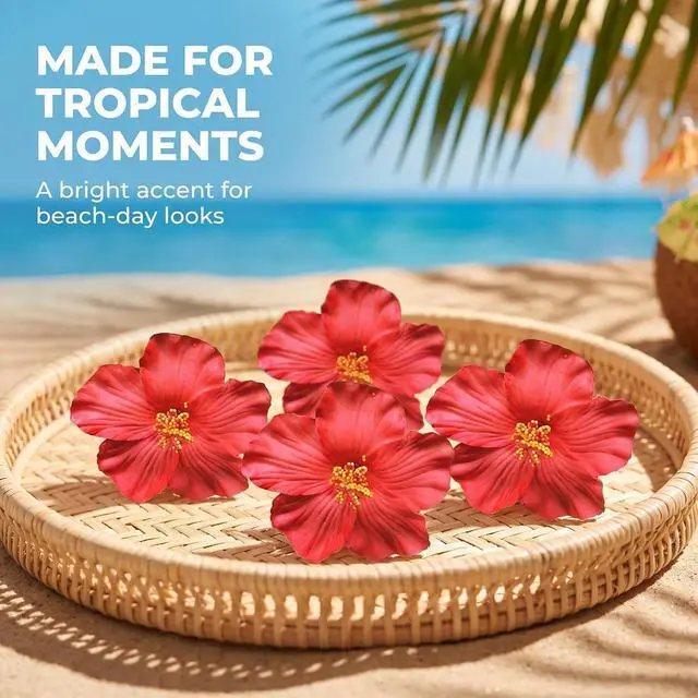 Alt view image 6 of 7 - Red 8 cm Hawaiian Flower Hair Clip for Women Girls Fashion Bohemian Flowers Hair Accessory for Dancer Bridal Wedding Beach Party, Decorations (2Pcs)