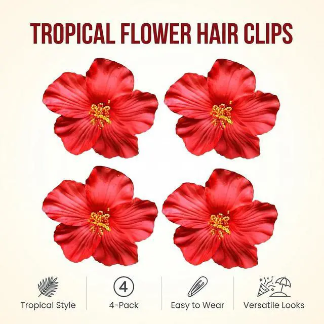 Alt view image 3 of 7 - Red 8 cm Hawaiian Flower Hair Clip for Women Girls Fashion Bohemian Flowers Hair Accessory for Dancer Bridal Wedding Beach Party, Decorations (2Pcs)