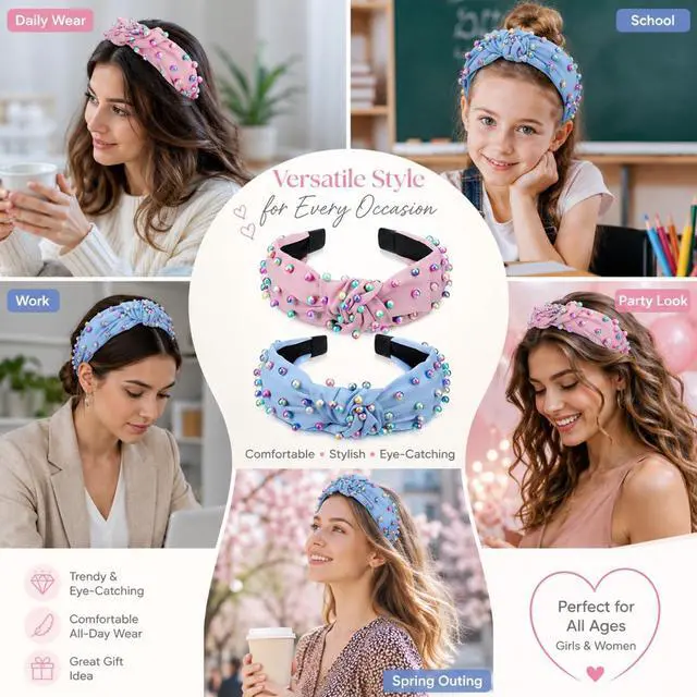 Alt view image 5 of 7 - WILLBOND 2 Pcs Pearl Knotted Headbands for Women, Cute Cross Knot Headband | Wide Cross Knot with Colorful Pearls, Twisted Turban Style Accessories, Christmas Spring Easter Daily Wear Gift for Mothers
