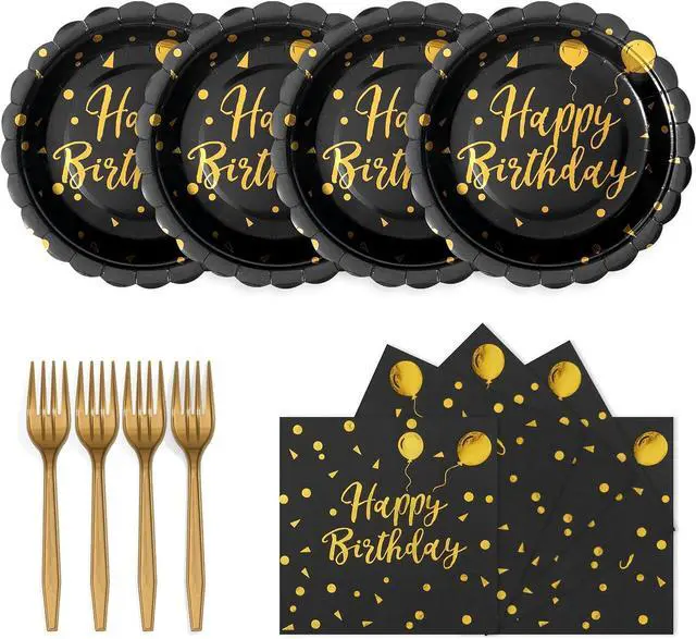 Main image of 60PCS Happy Birthday Paper Plates and Napkins, 7 Inch Scalloped Black Gold Dot Cake Dessert Plates and Birthday Napkins Disposable Tableware Set for Birthday Party Decorations (Black Gold)