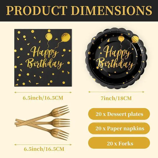 Alt view image 2 of 7 - 60PCS Happy Birthday Paper Plates and Napkins, 7 Inch Scalloped Black Gold Dot Cake Dessert Plates and Birthday Napkins Disposable Tableware Set for Birthday Party Decorations (Black Gold)