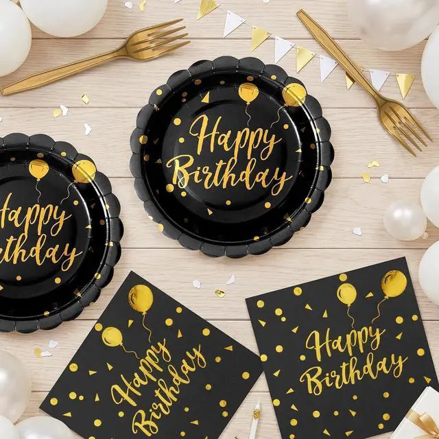 Alt view image 4 of 7 - 60PCS Happy Birthday Paper Plates and Napkins, 7 Inch Scalloped Black Gold Dot Cake Dessert Plates and Birthday Napkins Disposable Tableware Set for Birthday Party Decorations (Black Gold)