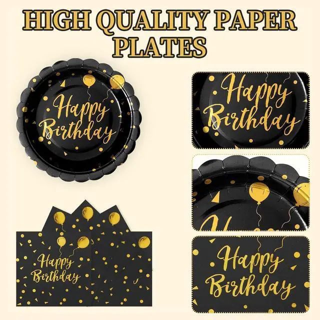 Alt view image 3 of 7 - 60PCS Happy Birthday Paper Plates and Napkins, 7 Inch Scalloped Black Gold Dot Cake Dessert Plates and Birthday Napkins Disposable Tableware Set for Birthday Party Decorations (Black Gold)