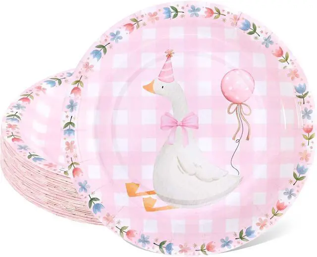 Main image of 24Pcs One Silly Goose Paper Plates Goose Birthday Decoration 7 inch Plate Pack Disposable Tableware for Baby Shower Girl Birthday Party Supplies
