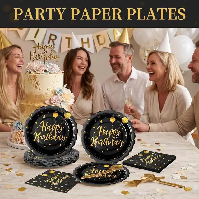 Alt view image 5 of 7 - 60PCS Happy Birthday Paper Plates and Napkins, 7 Inch Scalloped Black Gold Dot Cake Dessert Plates and Birthday Napkins Disposable Tableware Set for Birthday Party Decorations (Black Gold)