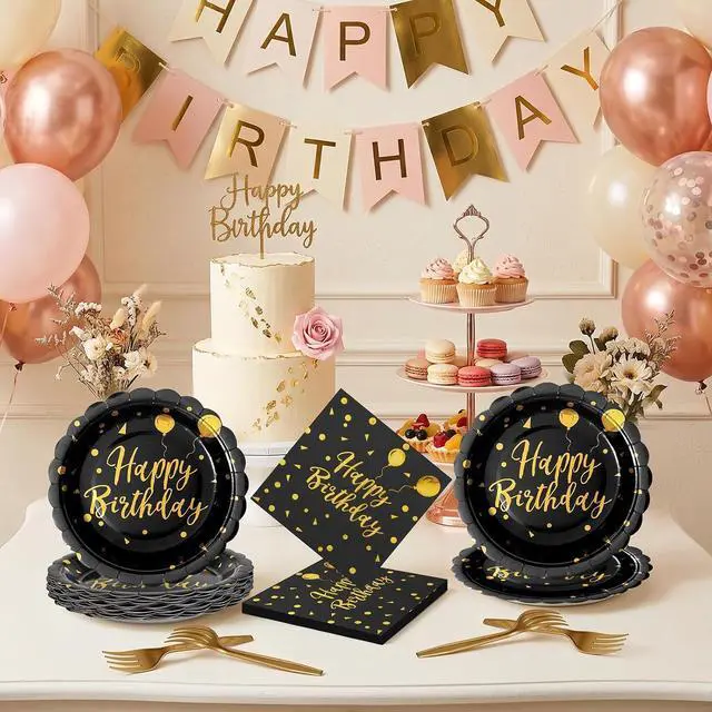 Alt view image 6 of 7 - 60PCS Happy Birthday Paper Plates and Napkins, 7 Inch Scalloped Black Gold Dot Cake Dessert Plates and Birthday Napkins Disposable Tableware Set for Birthday Party Decorations (Black Gold)